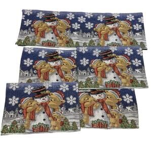 Christmas Holiday Teddy Bear Snowman Tapestry Table Runner And 4 Placemats